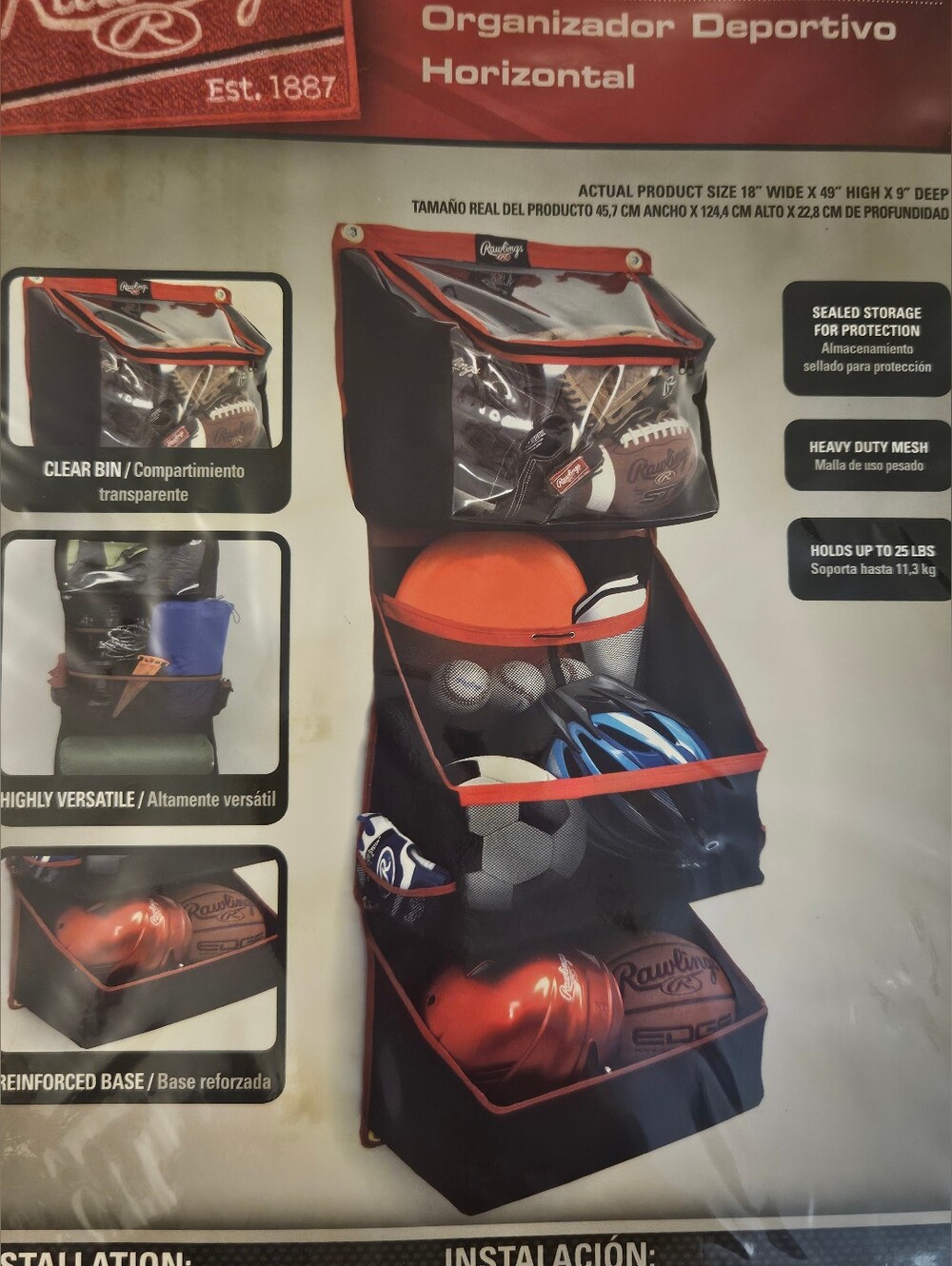 Rawlings Horizontal Sports Organizer Wall Storage System 3 Bin Garage Organizer